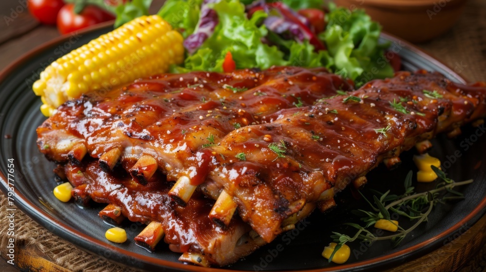 Barbecue pork ribs served with a side of fresh salad and corn on the cob, offering a balanced and delicious meal.