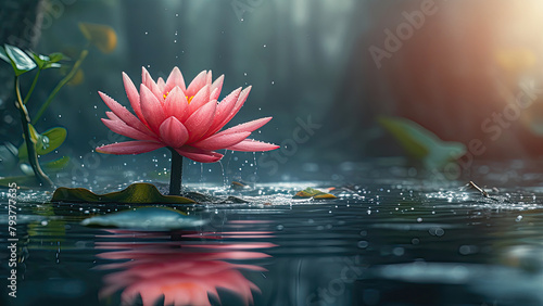 Day of Vesak that Buddha was born. lotus flower emerging from water depths of pond surrounded by greenery, serene atmosphere of meditation as symbol of purity and enlightenment in Buddhist tradition