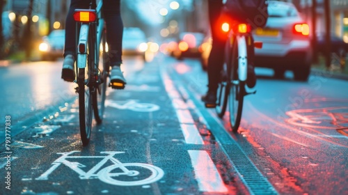 Bicycle lane with dedicated traffic lights for cyclists, promoting sustainable transportation options in cities. photo