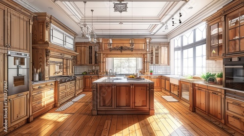 Sketch and reality fusion depicting an elegant kitchen with wooden floors and cabinets.