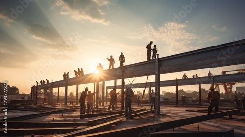 Group of people standing on a precarious metal beam high above the ground