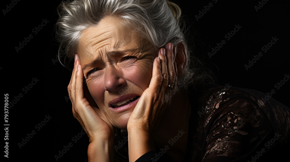 Elderly woman expressing distress on black background. Generative ai. Elderly woman expressing distress on black background. Generative ai.