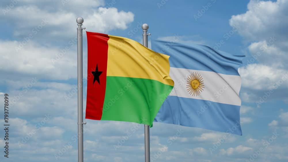 Argentina and Guinea-Bissau two flags waving together, looped video, two country relations concept Argentina and Guinea-Bissau two flags waving together, looped video, two country relations concept