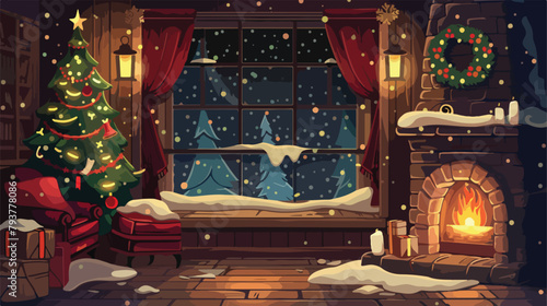 Christmas window with cozy room christmas tree and fi