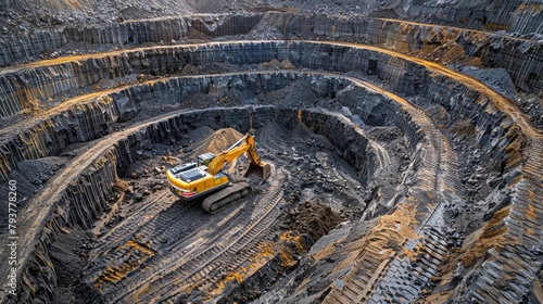 Robust excavation equipment in a tiered pit digging relentlessly symbolizing ceaseless resource extraction © maniacvector