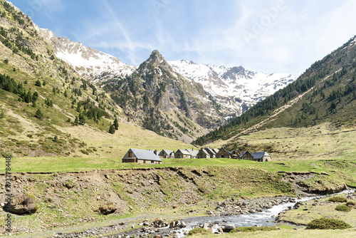 View of Les granges du Moudang, small village surrounded of mountains in French Pyrenees.