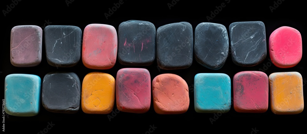 Colorful pebbles arranged on dark surface Colorful pebbles arranged on dark surface