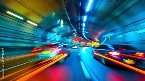 Cars passing through a tunnel illuminated by traffic lights, creating a dynamic visual effect.