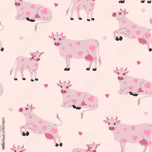 Seamless pattern of cute cows with pink heart-shaped spots. Vector graphics. © Екатерина Зирина