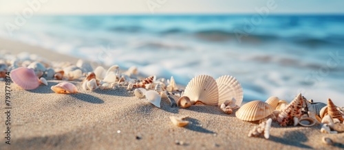 Shells scattered beach waves background photo