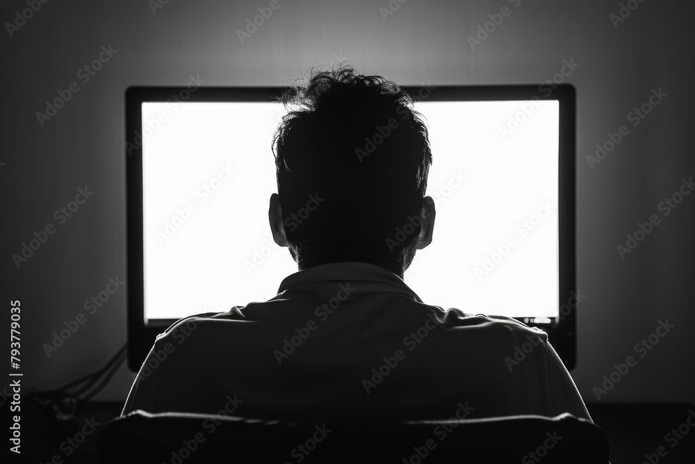 Screen display man in his 40s in front of a computer with a completely ...
