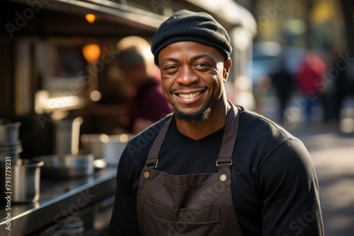 A friendly male employee in an apron in a street restaurant. photo