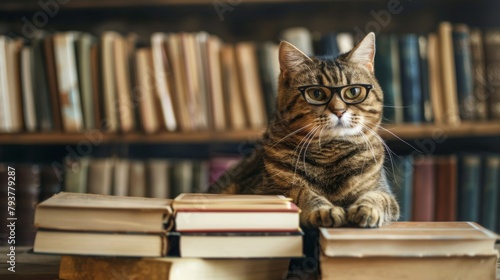 Chubby cat wearing glasses sitting beside a stack of textbooks, preparing for a serious study session.