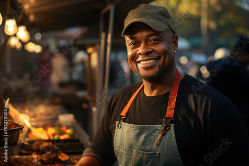 Young man working as a cook at the fast food truck.