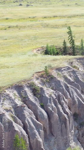 Vertical aerial video view from drone of river Chuya Pillars in Altai. photo