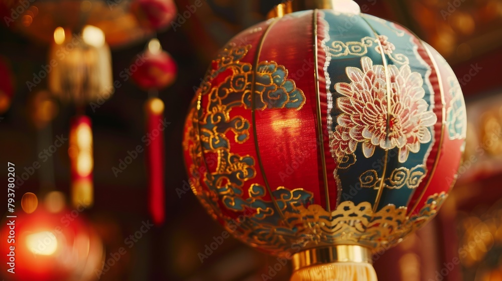 Close-up of a decorative floating lantern adorned with intricate designs, adding elegance to a cultural event.