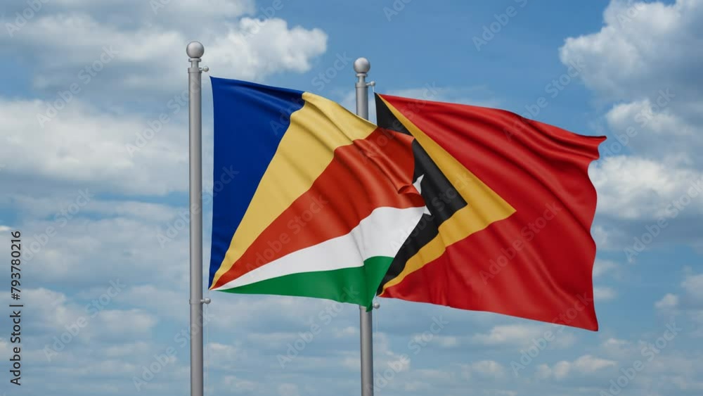 East Timor and Seychelles two flags waving together, looped video, two country cooperation concept East Timor and Seychelles two flags waving together, looped video, two country cooperation concept