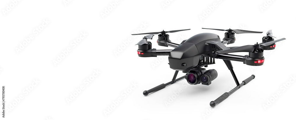 Wireless drone with remote control on a white background. AI generated.