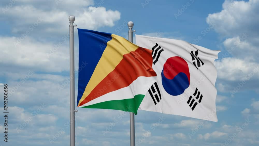South Korea or Republic of Korea or ROK and Seychelles two flags waving together, looped video, two country cooperation concept South Korea or Republic of Korea or ROK and Seychelles two flags waving together, looped video, two country cooperation concept