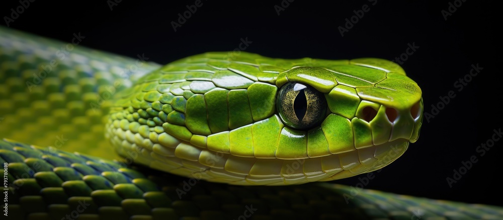 Fototapeta premium Green reptile on dark backdrop