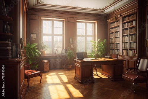 Art Deco Office: Wooden Furniture, Matte Painting, Classicism Style, Dramatic Morning Light photo