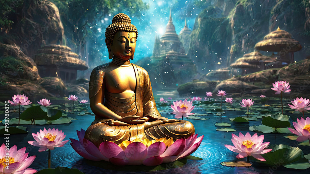 Golden statue meditating Buddha surrounded by lotus flowers. Day of ...