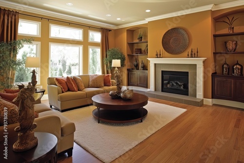 Vibrant Living Room with Fireplace: Furniture and Warm Color Scheme photo