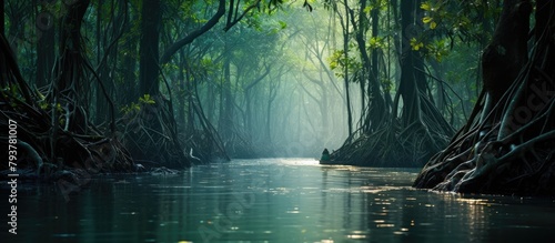 A river flows amid lush woodland with water and trees