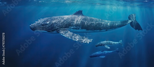 Two adult whales and a young whale swimming in the ocean © Ilgun