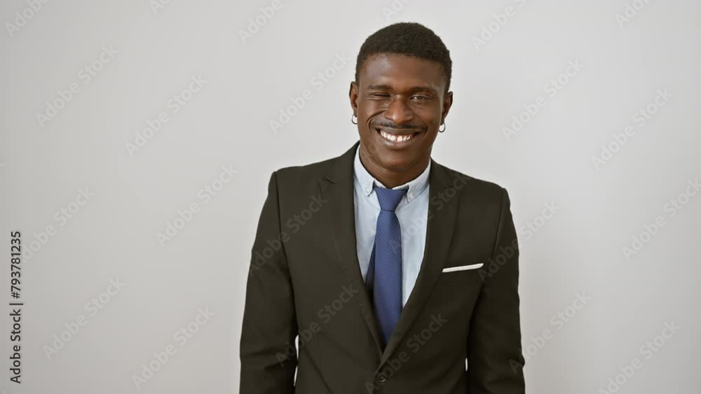 Cheerful african american man in a slick suit winking at the camera, radiating happiness with his sexy expression – a stunning standout against an isolated, stark white background. Cheerful african american man in a slick suit winking at the camera, radiating happiness with his sexy expression – a stunning standout against an isolated, stark white background.