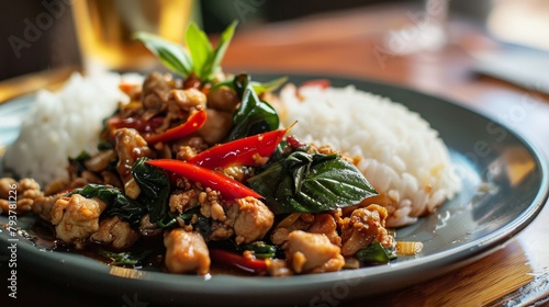 Close-up of a plate of Pad Kra Pao, a savory Thai basil stir-fry with minced meat or tofu, served with rice.