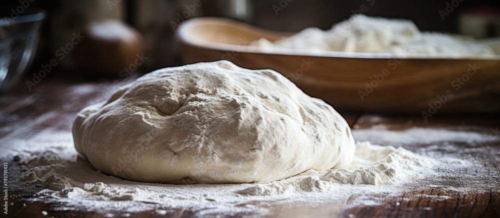Dough on Wood Table with Flour Bowl Dough on Wood Table with Flour Bowl