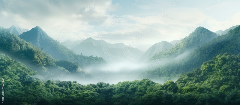 Boat on misty mountain lake