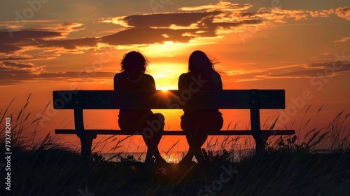 Two friends share a bench and a sunset, their silhouettes embodying unity on Friendship Day