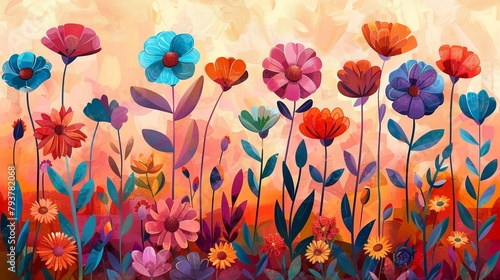 A field of abstract, geometric flowers