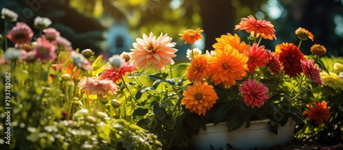 Colorful potted flowers in garden photo