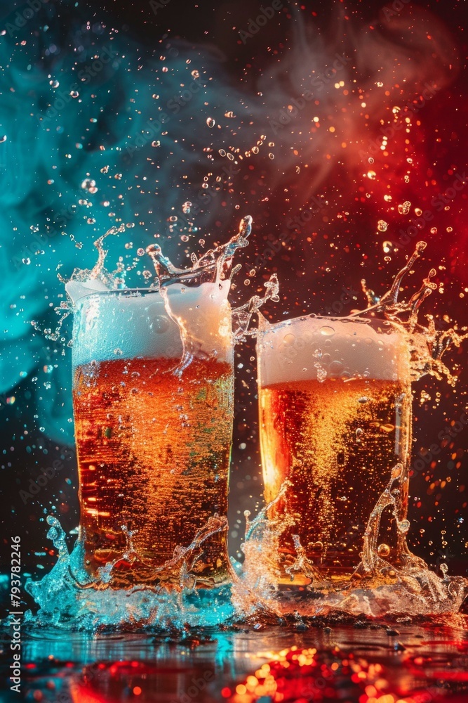 b'Two glasses of beer with foam and splashes' b'Two glasses of beer with foam and splashes'