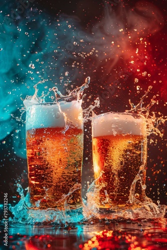 b'Two glasses of beer with foam and splashes' photo