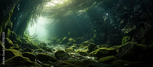 A tranquil cave amidst woodland with stones and vegetation