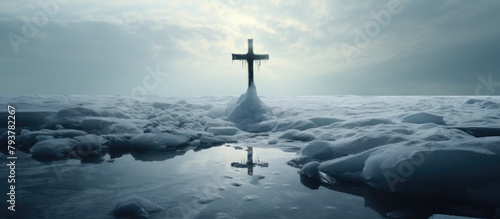 Snowy hilltop with a cross against sky © Ilgun