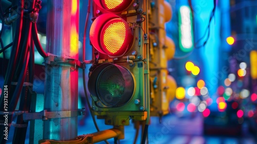 Close-up of a traffic light control box with wires and circuits, illustrating urban infrastructure and technology. photo