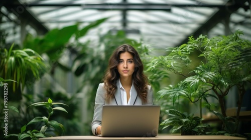 b'A woman is working on her laptop in a greenhouse.'