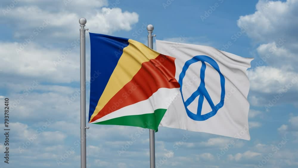 Seychelles and Peace Sign two flags waving together, looped video, peace movement concept Seychelles and Peace Sign two flags waving together, looped video, peace movement concept