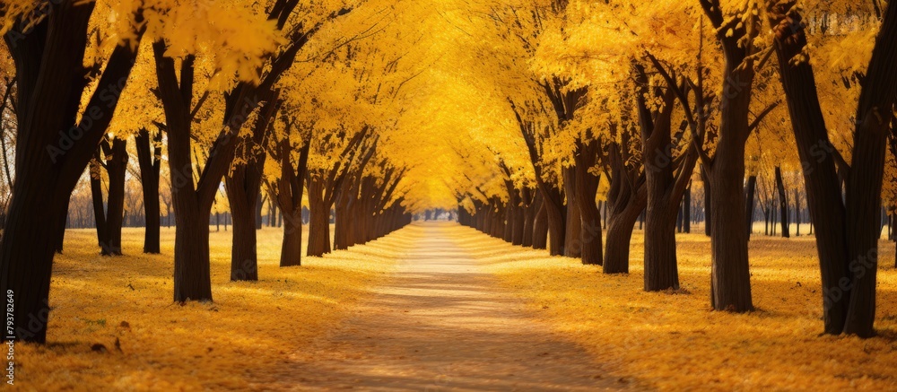 Autumn pathway with trees showered in golden foliage