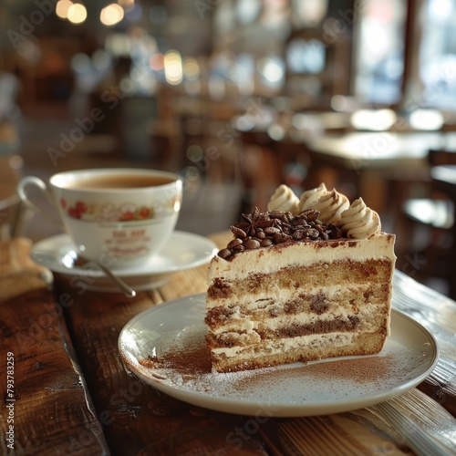 Tiramisu cake with coffee cup on wooden table photo