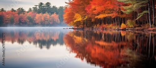 Trees changing autumn colors over lake