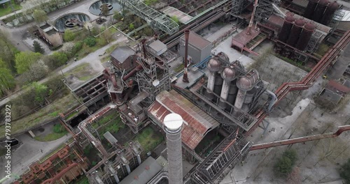 Old historic steel factory, blast furnace. Now turned into a museum and recreational park. Landschaftpark, Duisburg, Germany. Aerial close up view. photo