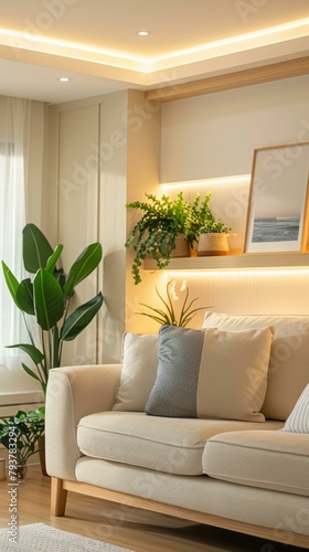 b Bright living room interior with sofa and plants 