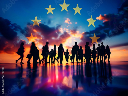 EU Flag and silhouetted people. Concept of Schengen visa, migration to the European Union and EU law making. photo