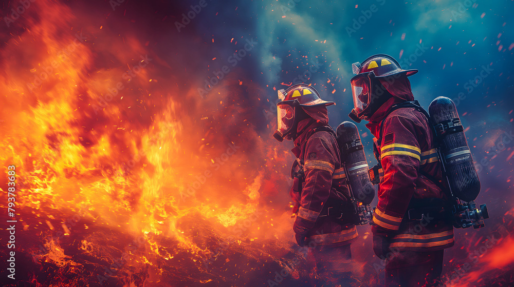 Two firemen fighting fire in the dark with smoke and fire. Two firemen fighting fire in the dark with smoke and fire.